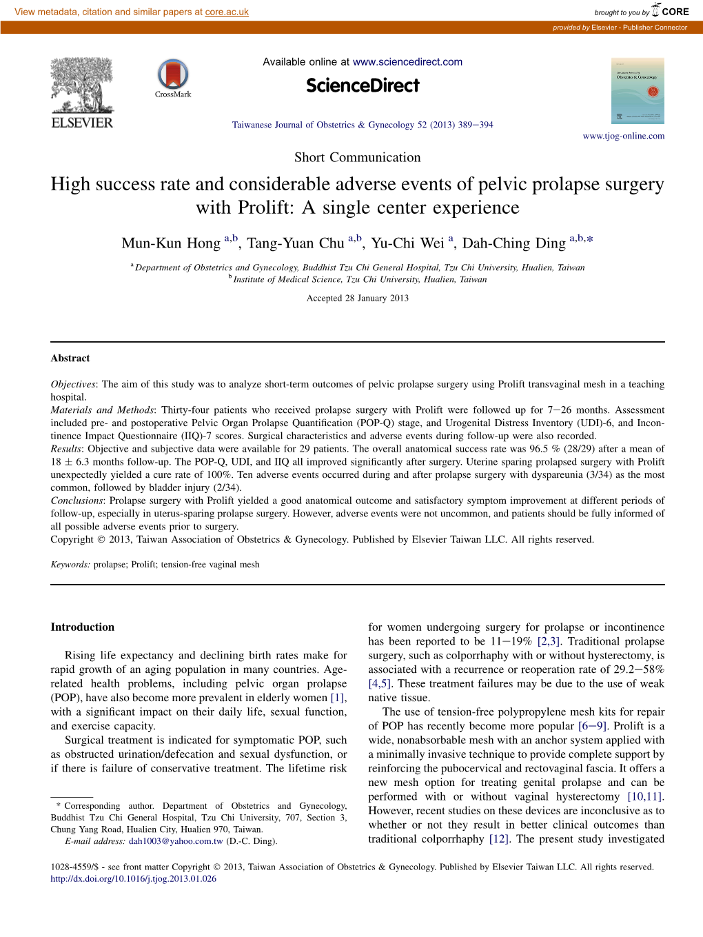 High Success Rate and Considerable Adverse Events of Pelvic Prolapse Surgery with Prolift: a Single Center Experience