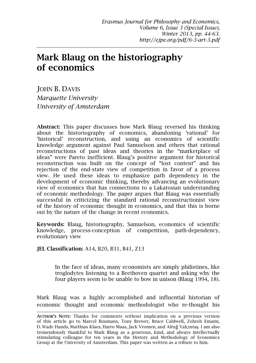 Mark Blaug on the Historiography of Economics