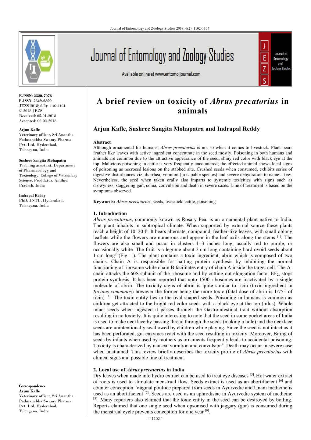 A Brief Review on Toxicity of Abrus Precatorius in Animals