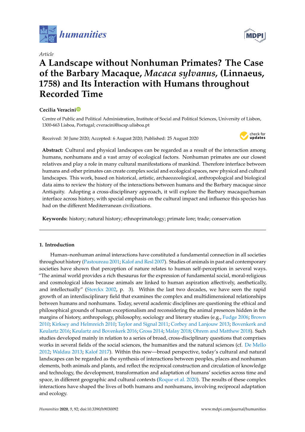 The Case of the Barbary Macaque, Macaca Sylvanus, (Linnaeus, 1758) and Its Interaction with Humans Throughout Recorded Time