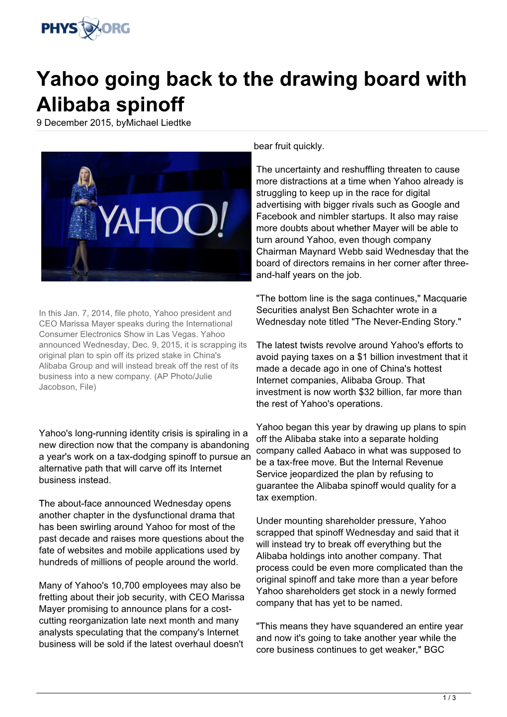 Yahoo Going Back to the Drawing Board with Alibaba Spinoff 9 December 2015, Bymichael Liedtke
