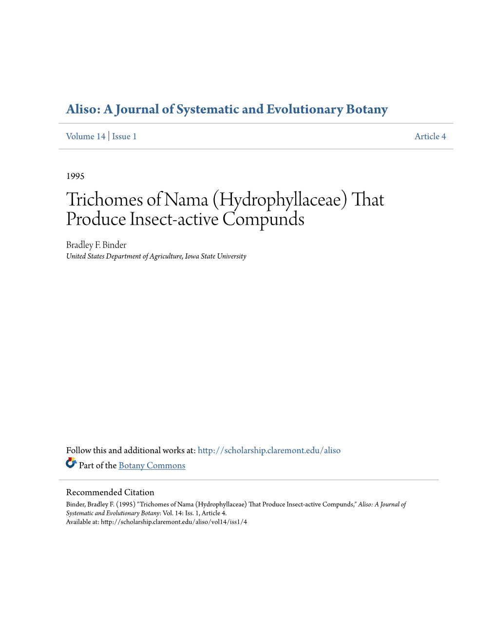 Trichomes of Nama (Hydrophyllaceae) That Produce Insect-Active Compunds Bradley F