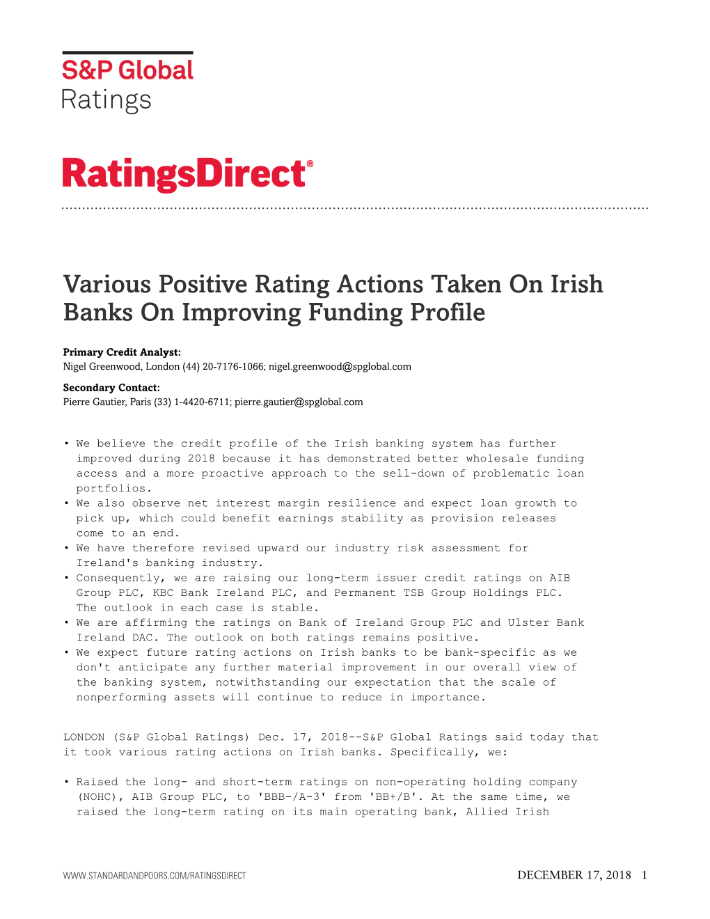 Various Positive Rating Actions Taken on Irish Banks on Improving Funding Profile