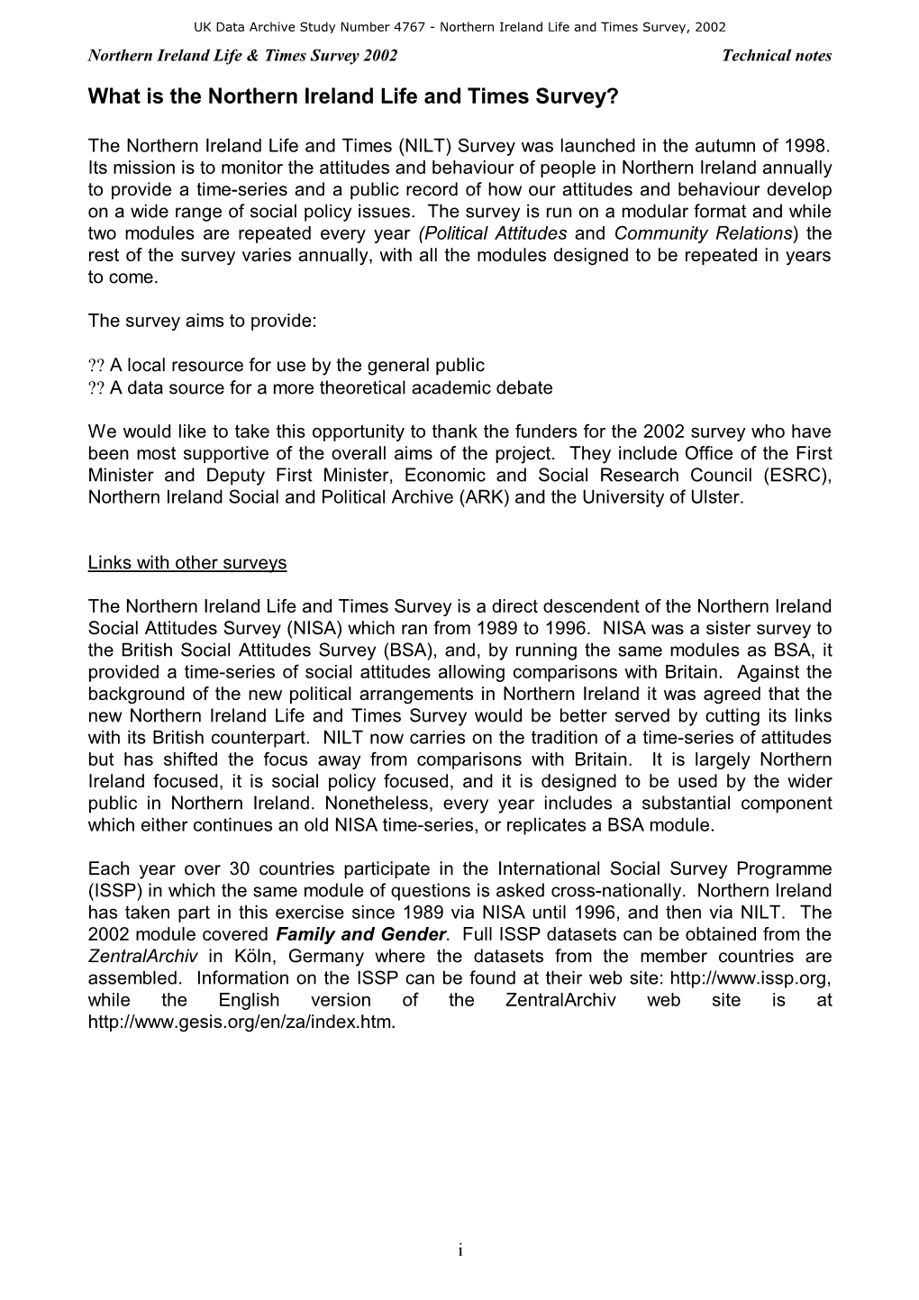 Northern Ireland Life & Times Survey 2002 Technical Notes