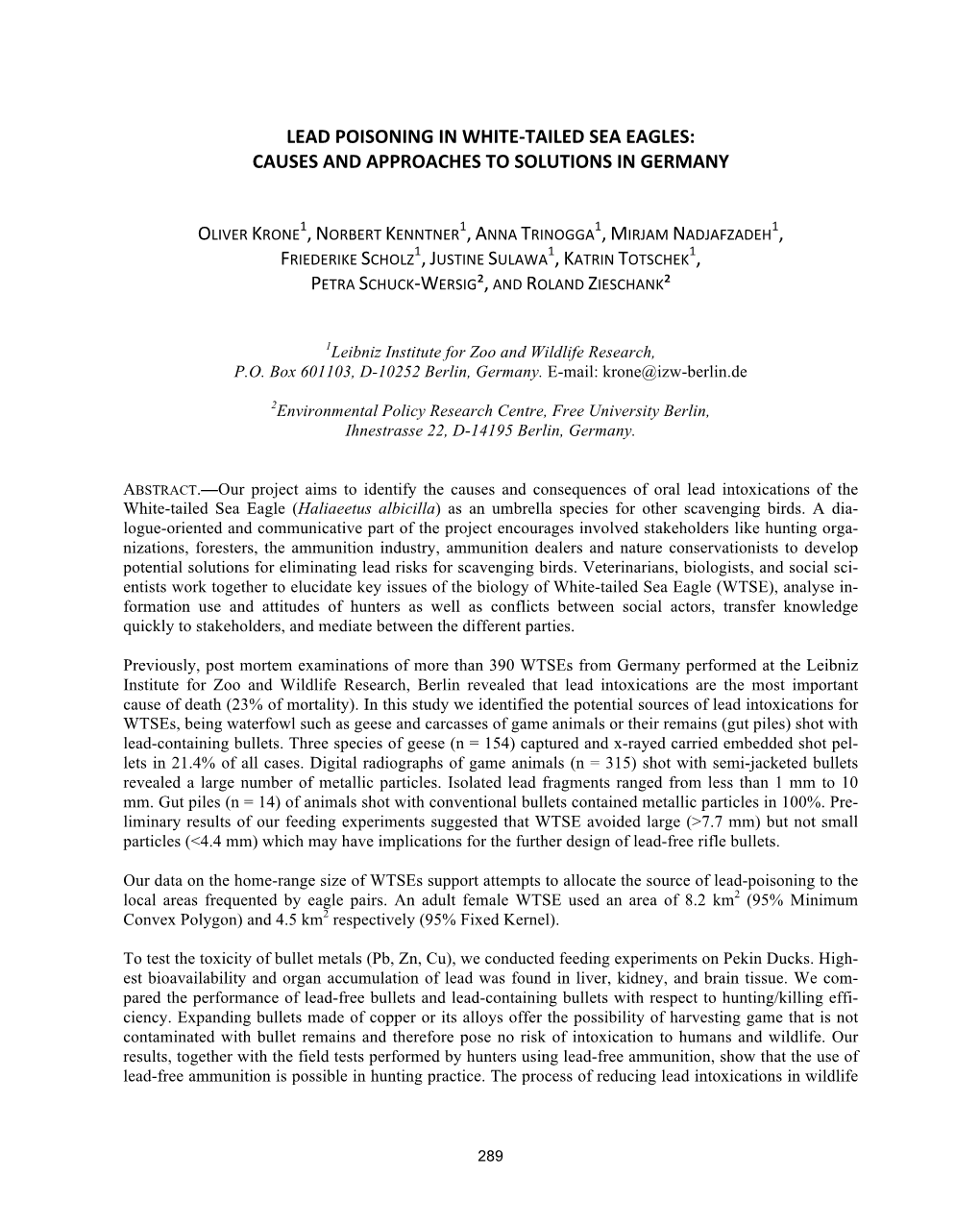 Lead Poisoning in White‐Tailed Sea Eagles: Causes and Approaches to Solutions in Germany