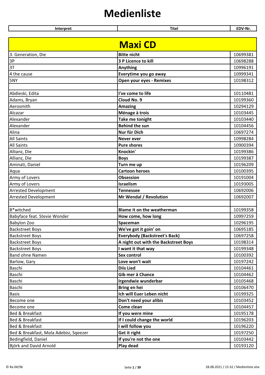 Musikliste Mit 8Stelligen Nrn