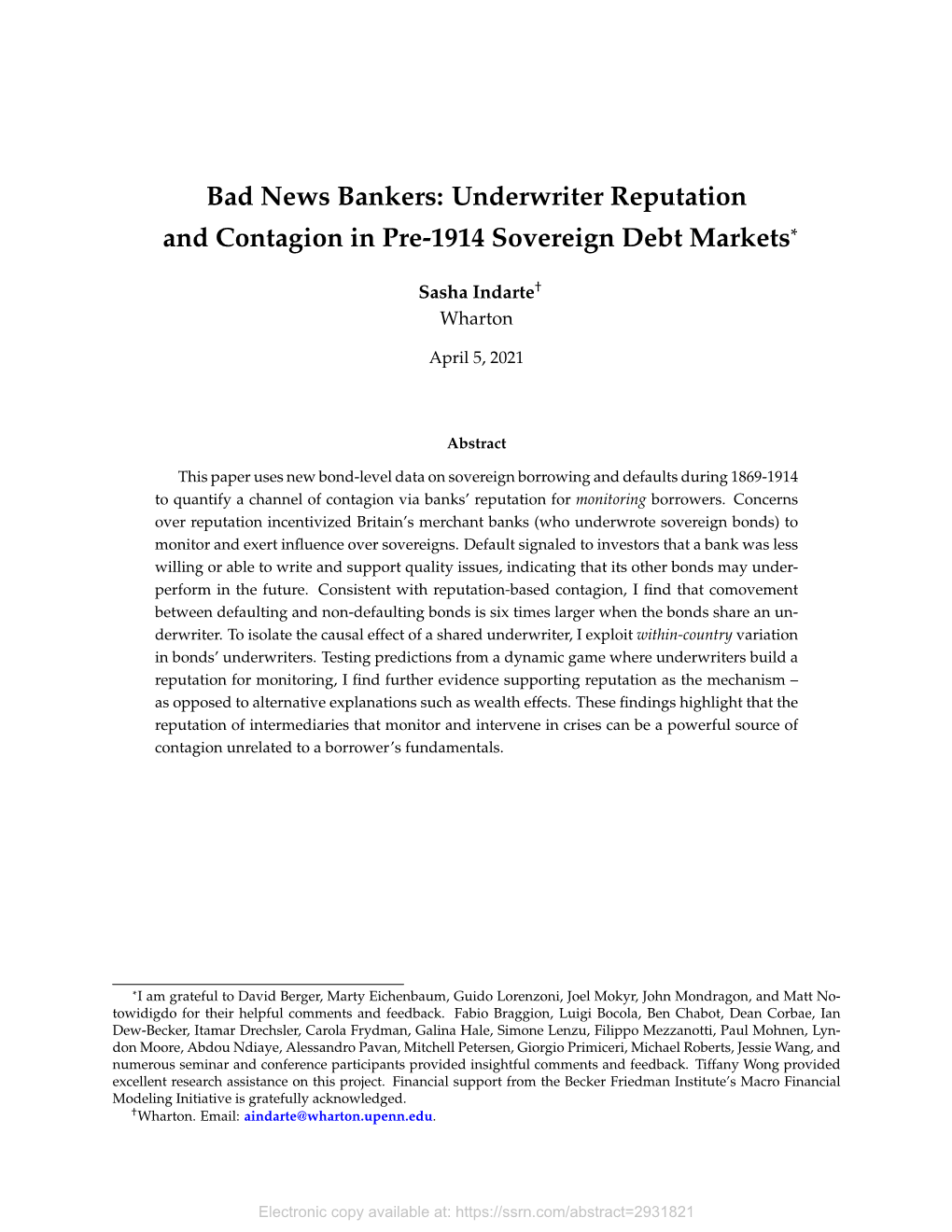 Bad News Bankers: Underwriter Reputation and Contagion in Pre-1914 Sovereign Debt Markets*