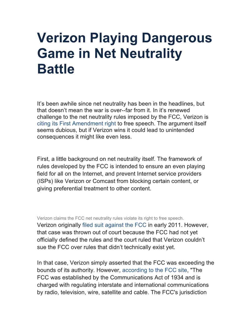 Verizon Playing Dangerous Game in Net Neutrality Battle