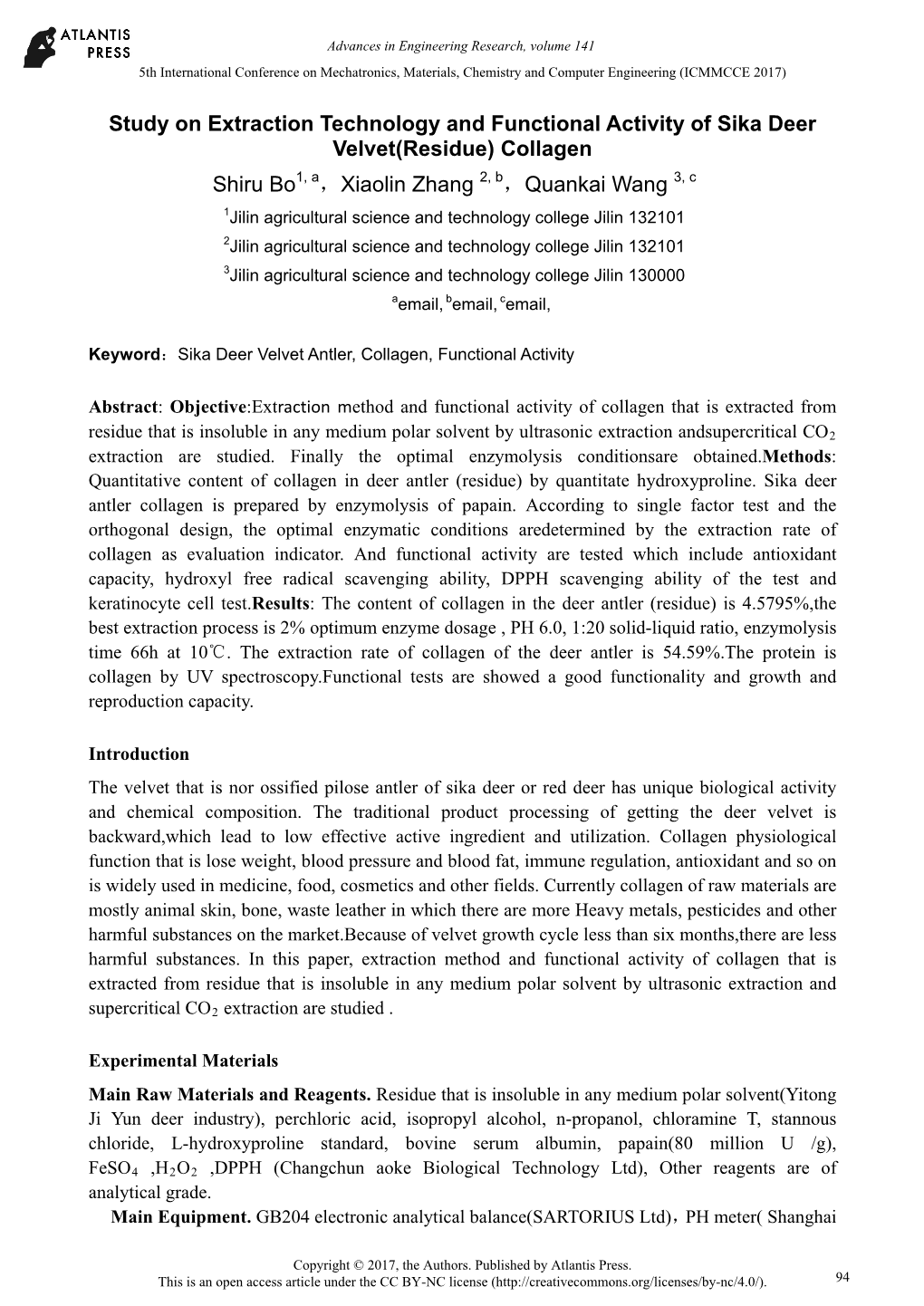 Study on Extraction Technology and Functional Activity of Sika Deer