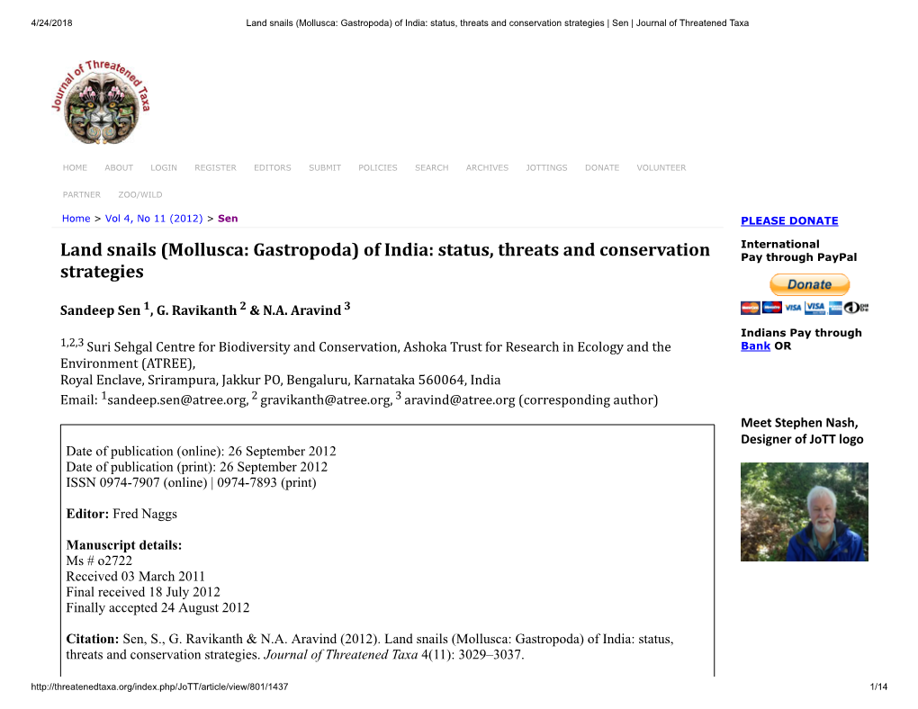 Land Snails (Mollusca: Gastropoda) of India: Status, Threats and Conservation Strategies | Sen | Journal of Threatened Taxa