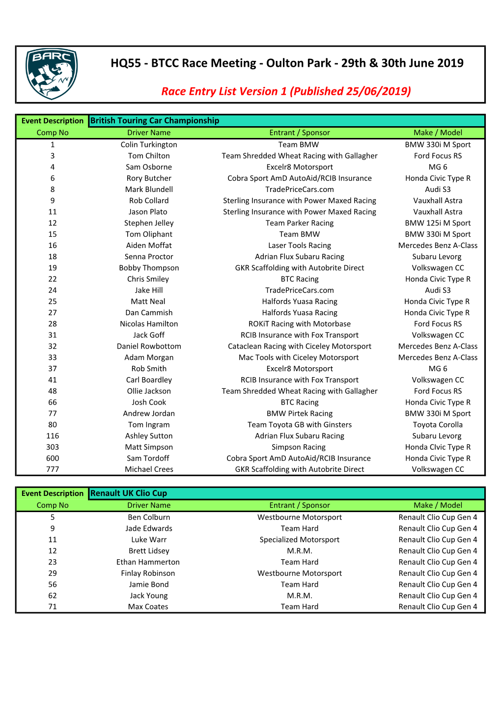 HQ55 - BTCC Race Meeting - Oulton Park - 29Th & 30Th June 2019