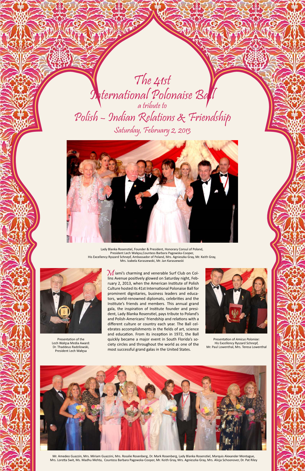 The 41St International Polonaise Ball a Tribute to Polish – Indian Relations & Friendship Saturday, February 2, 2013