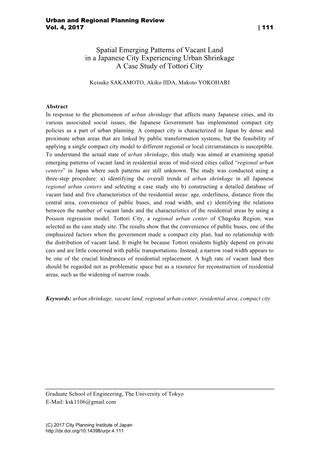 Spatial Emerging Patterns of Vacant Land in a Japanese City Experiencing Urban Shrinkage a Case Study of Tottori City