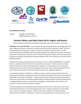 Senators Nelson and Rubio Stand up for Anglers and Boaters Newly Introduced Marine Fisheries Legislation Approved by the Senate Commerce Committee