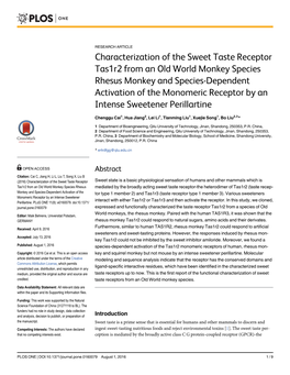 Characterization of the Sweet Taste Receptor Tas1r2 from an Old World