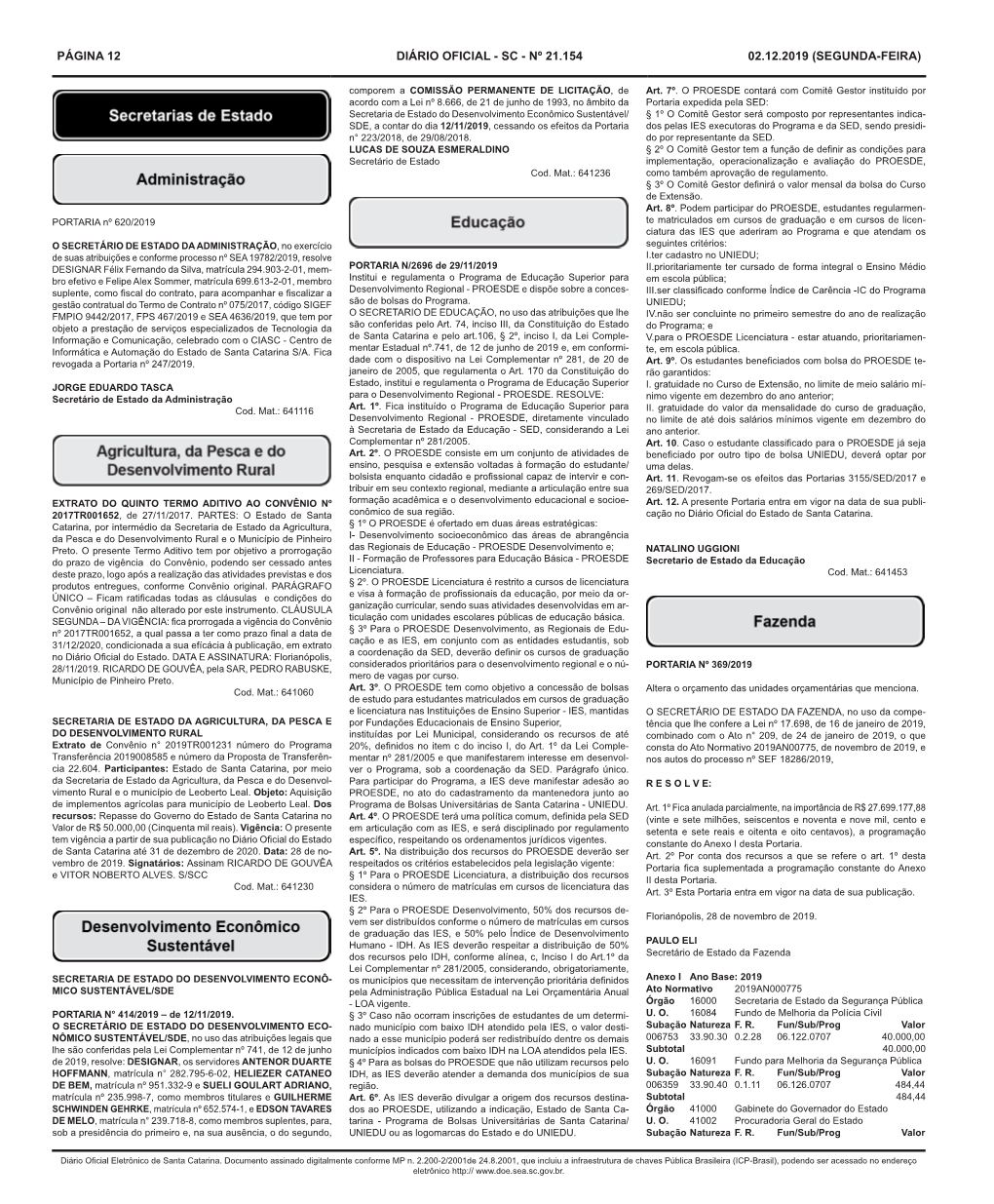 Página 12 Diário Oficial - Sc - Nº 21.154 02.12.2019 (Segunda-Feira)