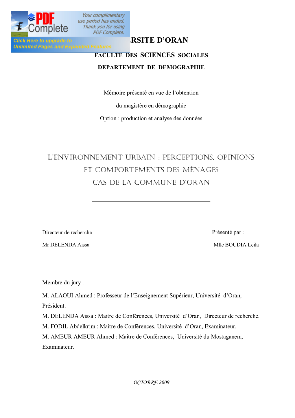 De La Population Enquêtée Section I : Présentation De La Commune D’Oran……………… ……………42