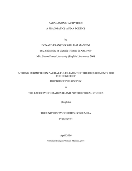 PARACANONIC ACTIVITIES: a PRAGMATICS and a POETICS by DONATO FRANÇOIS WILLIAM MANCINI BA, University of Victoria (History in Ar