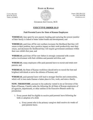 EXECUTIVE ORDER 18-19 Paid Parental Leave for State of Kansas