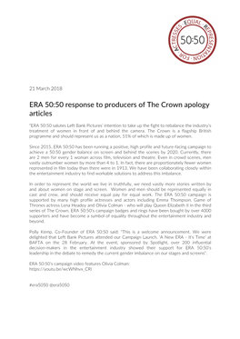 ERA 50:50 Statement on the Crown Pay Imbalance | March 2018