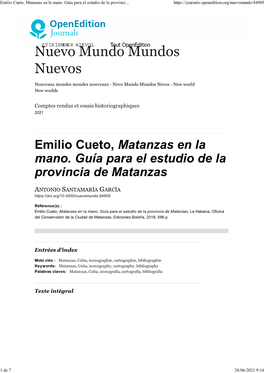 Emilio Cueto, Matanzas En La Mano. Guía Para El Estudio De La Provincia