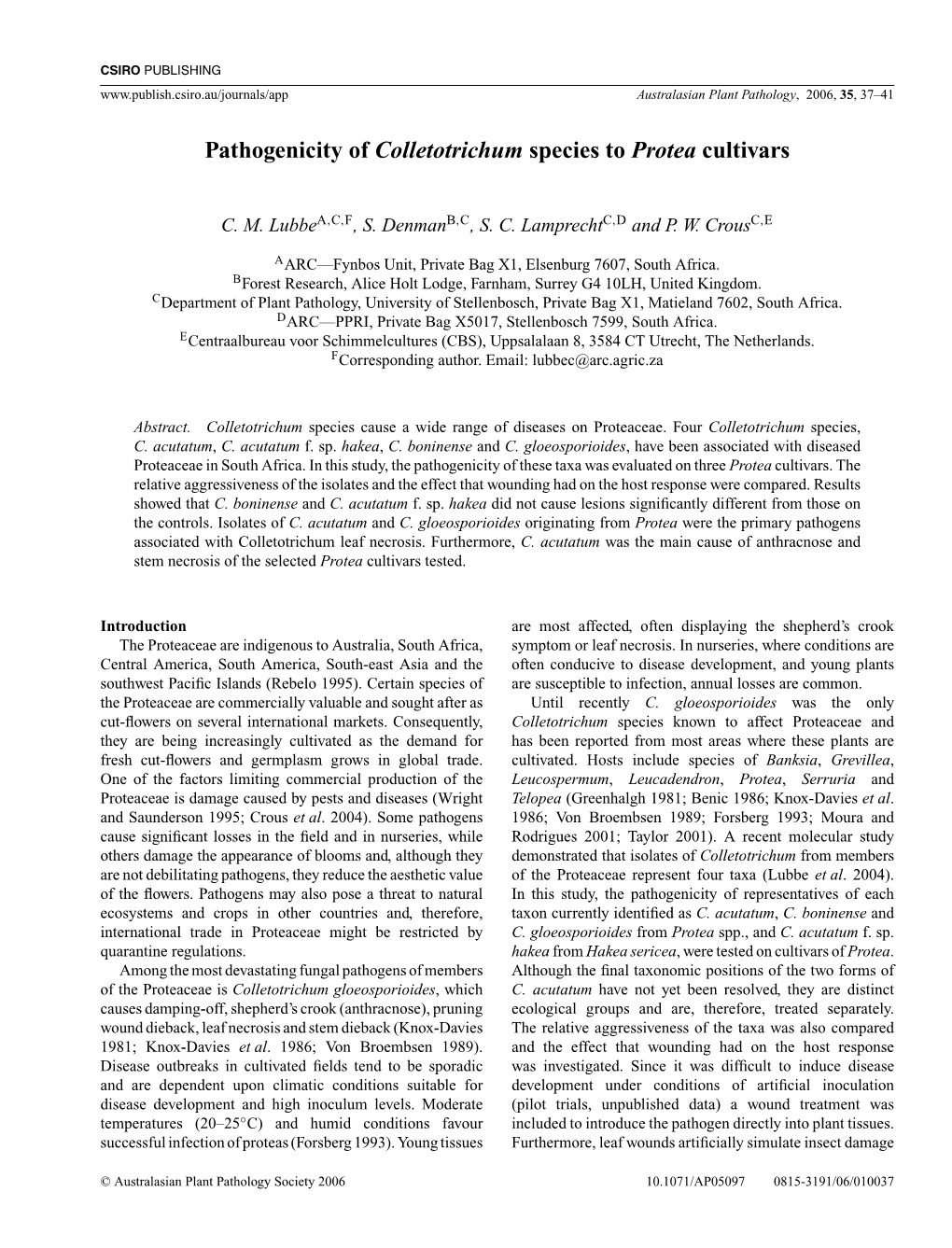 Pathogenicity of Colletotrichum Species to Protea Cultivars
