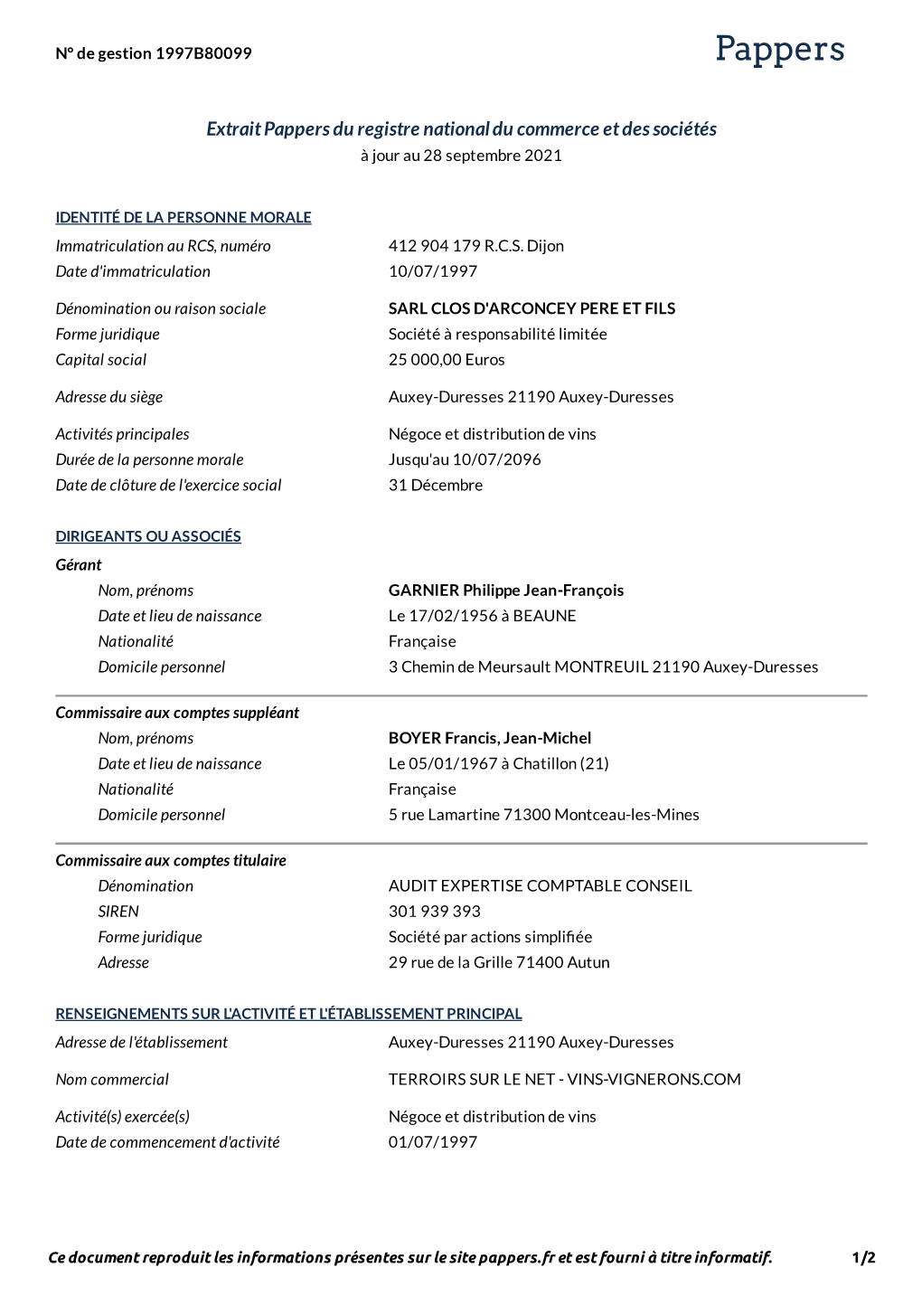 Extrait Pappers Du Registre National Du Commerce Et Des Sociétés a Jour Au 28 Septembre 2021