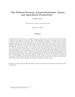 The Political Economy of Land Institutions, Tenure and Agricultural Productivity1