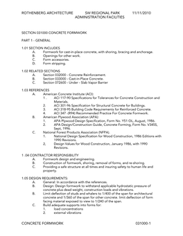Rothenberg Architecture Sw Regional Park 11/11/2010 Administration Facilities Concrete Formwork 031000-1