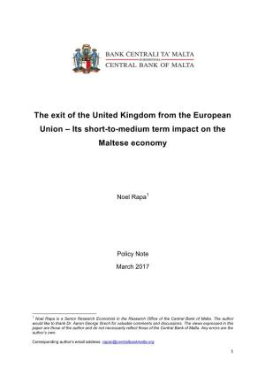 The Exit of the United Kingdom from the European Union – Its Short-To-Medium Term Impact on the Maltese Economy