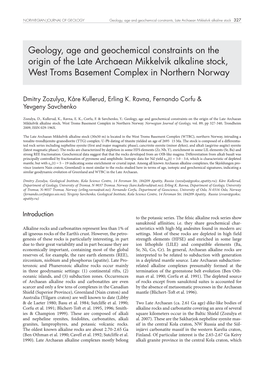 Geology, Age and Geochemical Constraints on the Origin of the Late Archaean Mikkelvik Alkaline Stock, West Troms Basement Complex in Northern Norway