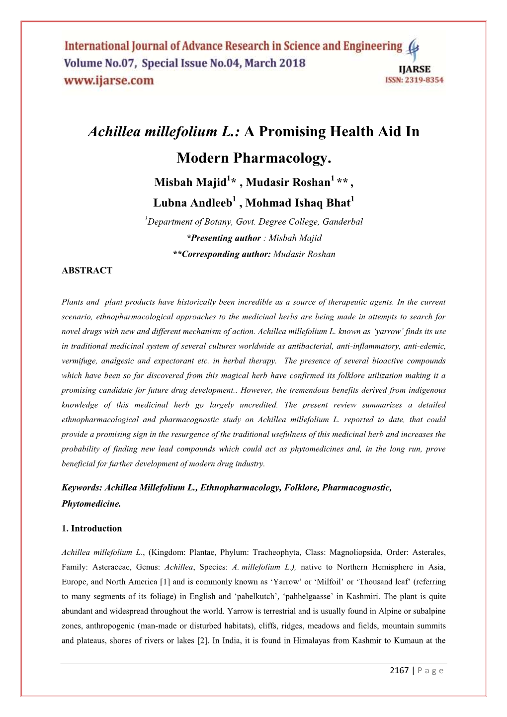Achillea Millefolium L.: a Promising Health Aid in Modern Pharmacology