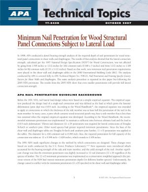 Minimum Nail Penetration for Wood Structural Panel Connections Subject to Lateral Load