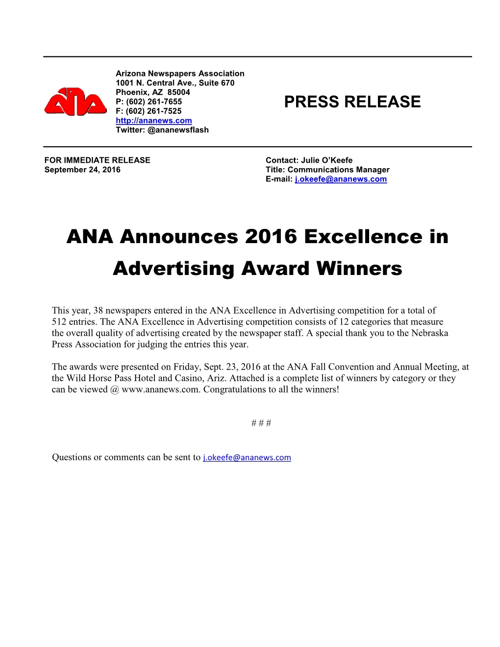 ANA Announces 2016 Excellence in Advertising Award Winners