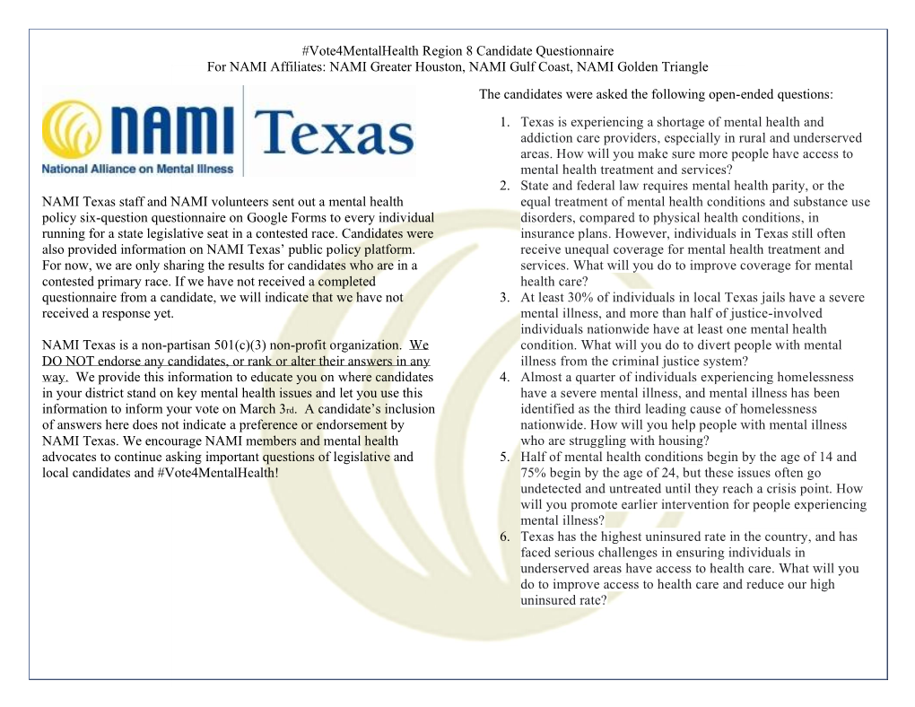 Vote4mentalhealth Region 8 Candidate Questionnaire for NAMI