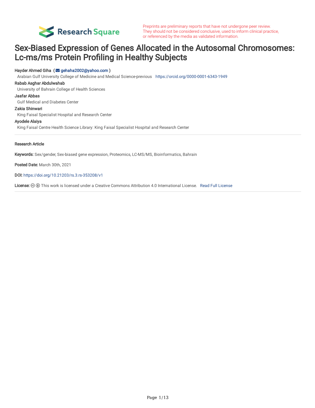 Sex-Biased Expression of Genes Allocated in the Autosomal Chromosomes: Lc-Ms/Ms Protein Profling in Healthy Subjects