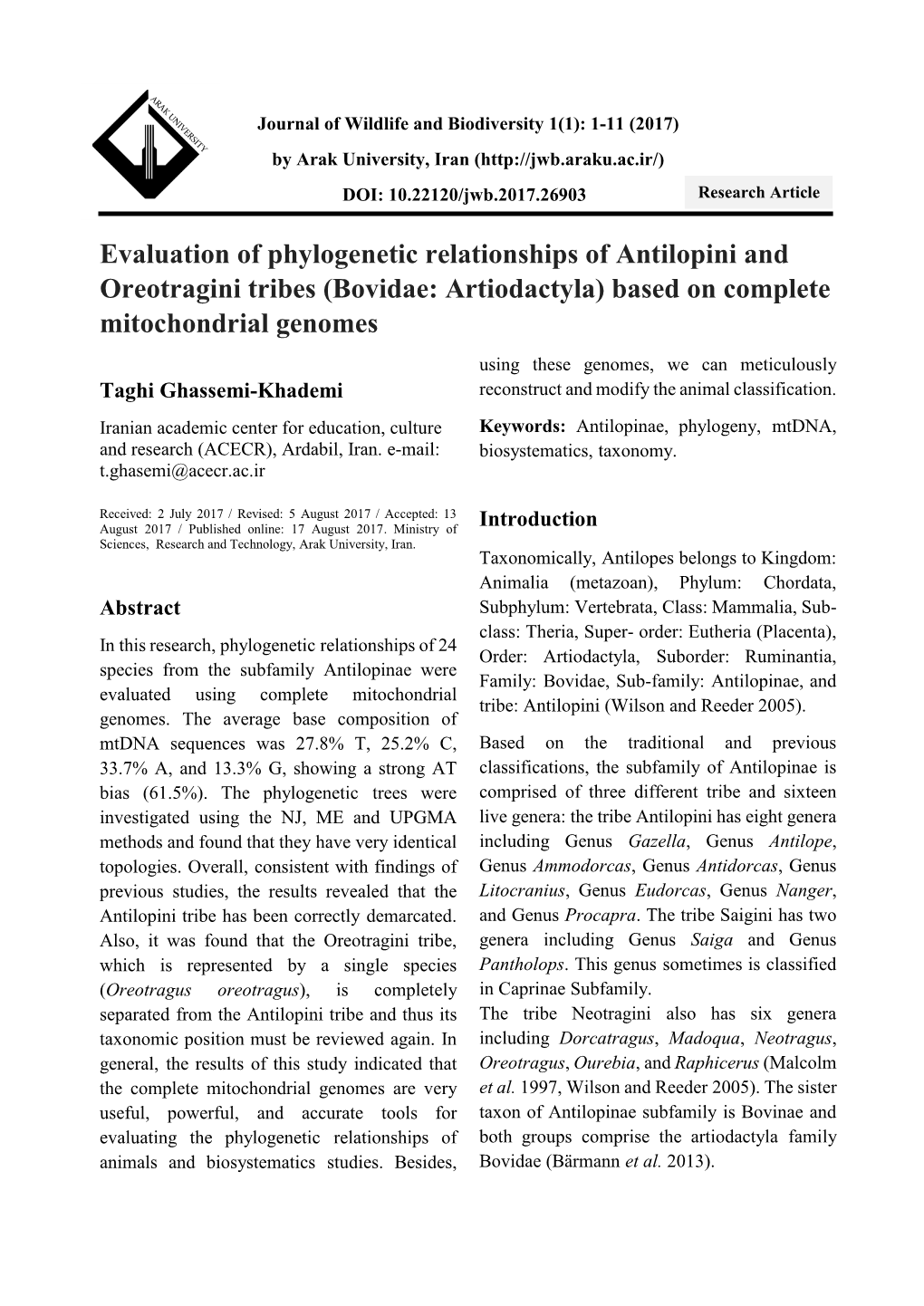 Evaluation of Phylogenetic Relationships of Antilopini And