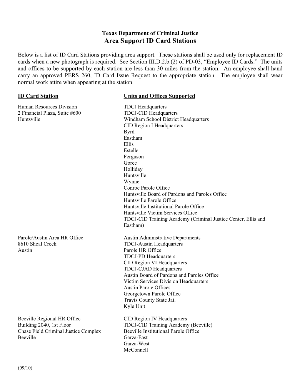 Area Support ID Card Stations