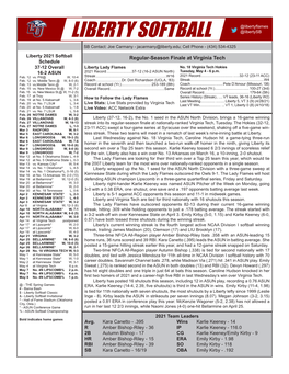 Liberty Softball Game Notes @Libertyflames @Libertysb LIBERTY SOFTBALL SB Contact: Joe Carmany - Jacarmany@Liberty.Edu; Cell Phone - (434) 534-4325