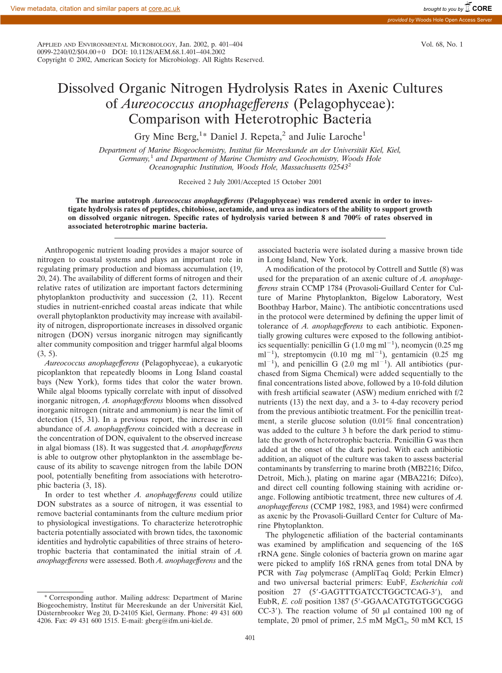 Dissolved Organic Nitrogen Hydrolysis Rates in Axenic Cultures