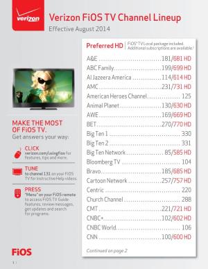 Verizon Fios TV Channel Lineup Effective August 2014