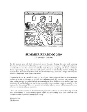 SUMMER READING 2019 11Th and 12Th Grades