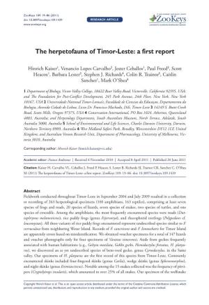 The Herpetofauna of Timor-Leste: a First Report 19 Doi: 10.3897/Zookeys.109.1439 Research Article Launched to Accelerate Biodiversity Research