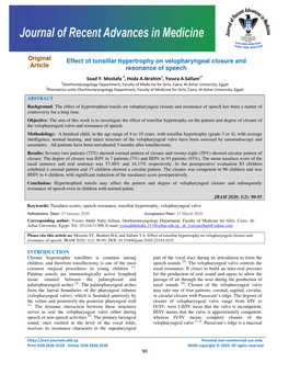 Original Article Effect of Tonsillar Hypertrophy on Velopharyngeal Closure and Resonance of Speech