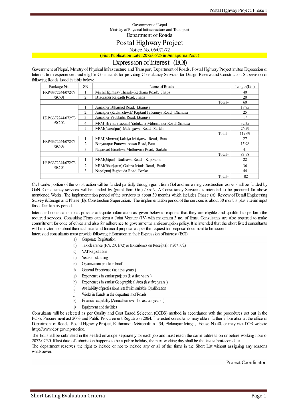 Postal Highway Project Expression of Interest (EOI)