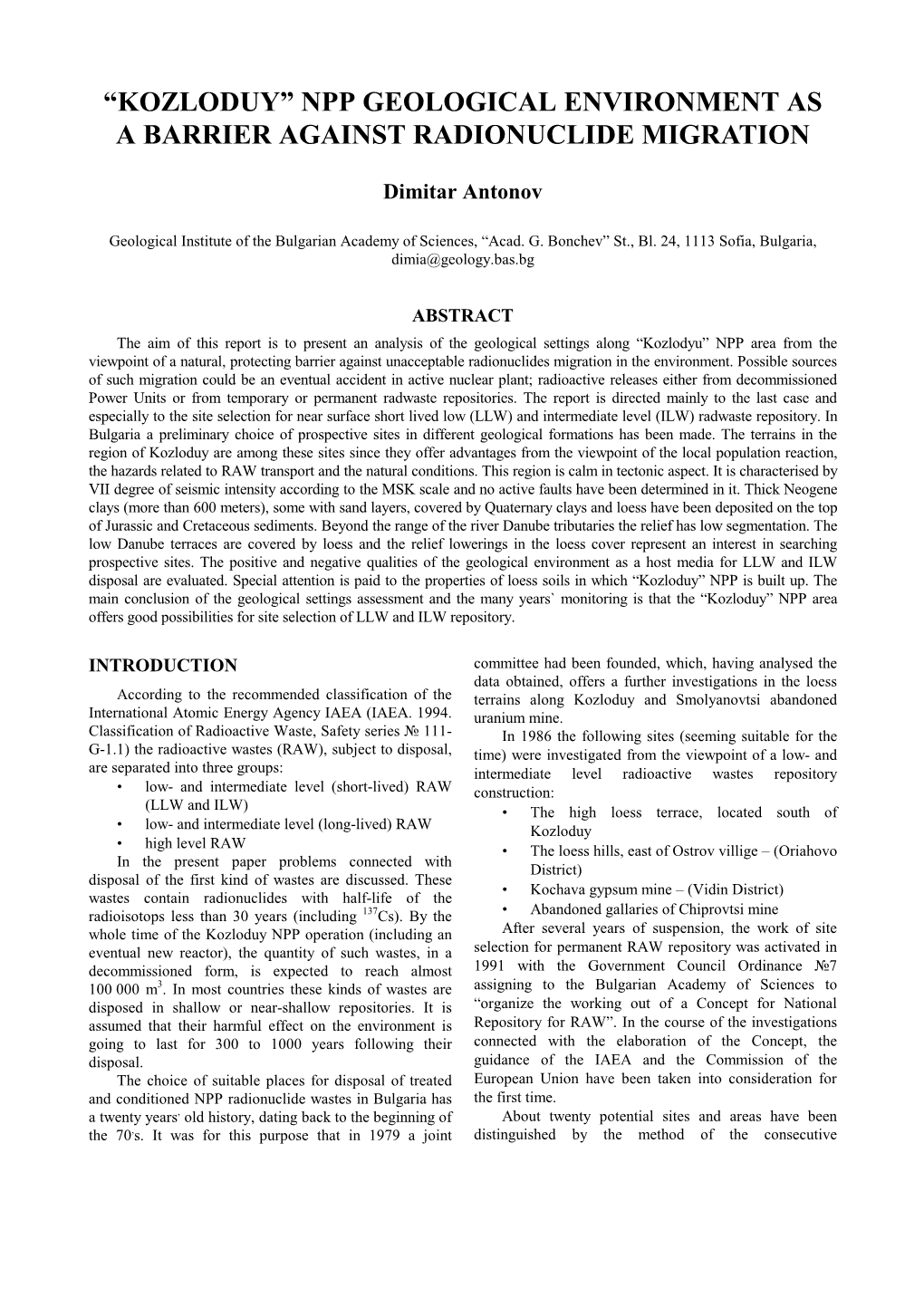 Npp Geological Environment As a Barrier Against Radionuclide Migration