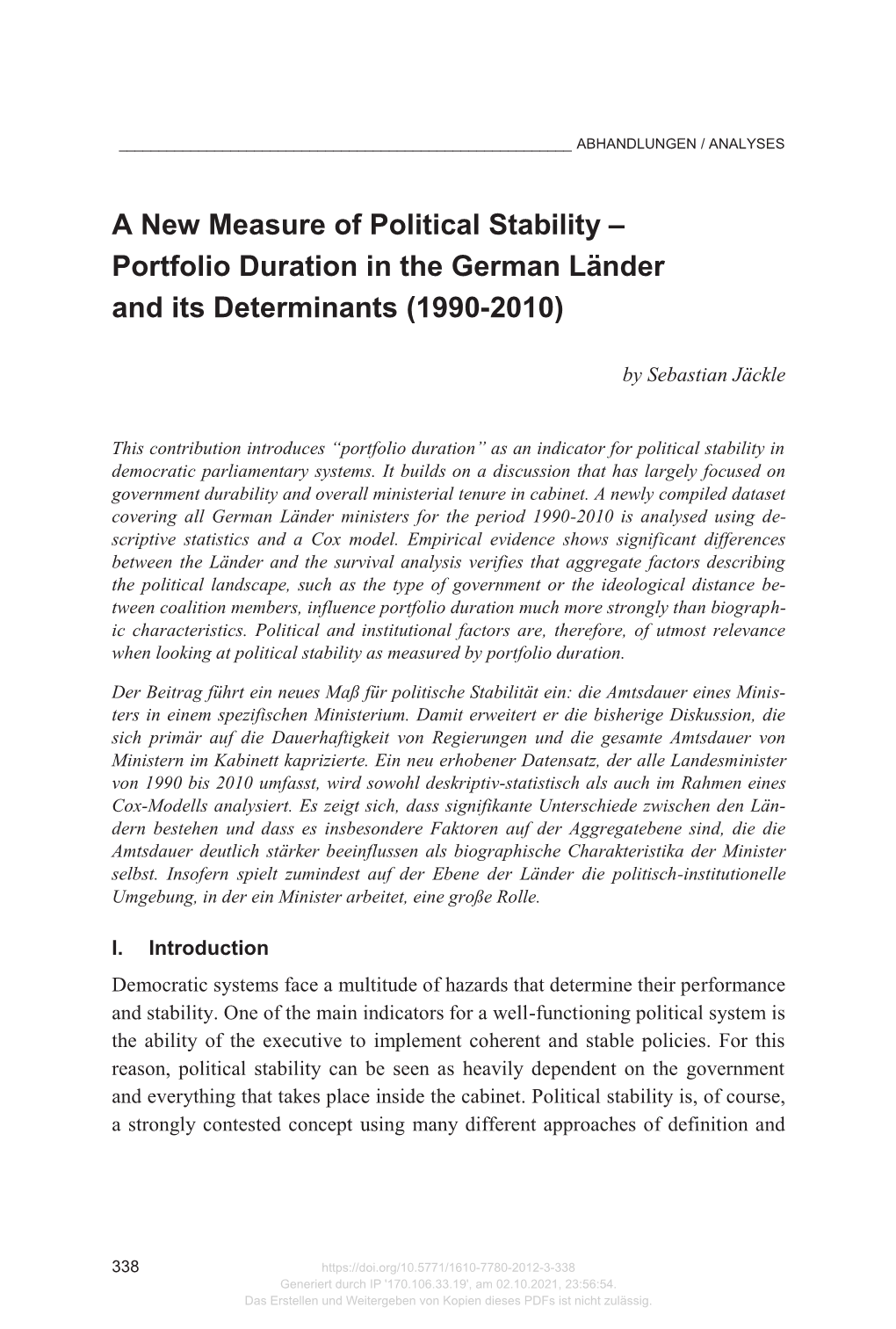 A New Measure of Political Stability – Portfolio Duration in the German Länder and Its Determinants (1990-2010)