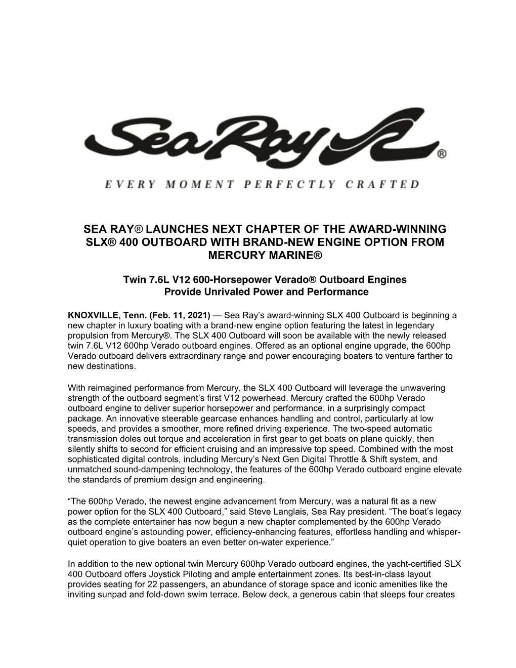 Sea Ray® Launches Next Chapter of the Award-Winning Slx® 400 Outboard with Brand-New Engine Option from Mercury Marine®