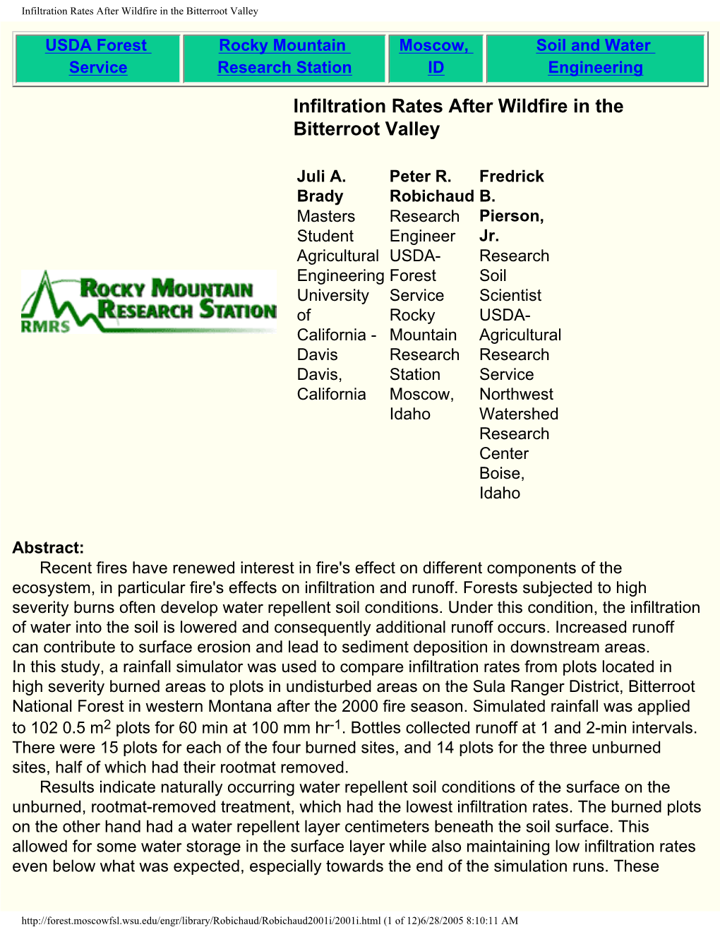 Infiltration Rates After Wildfire in the Bitterroot Valley