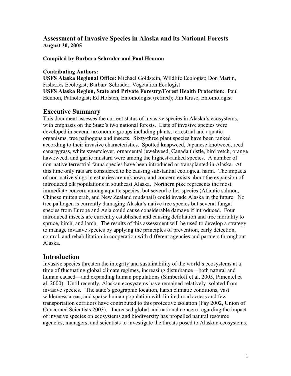 Assessment of Invasive Species in Alaska and Its National Forests August 30, 2005